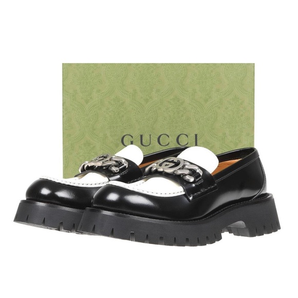 Gucci Ladies Platform Slip On Lug Loafer 'Interlocking G chain- Black & White - Picture 6 of 10
